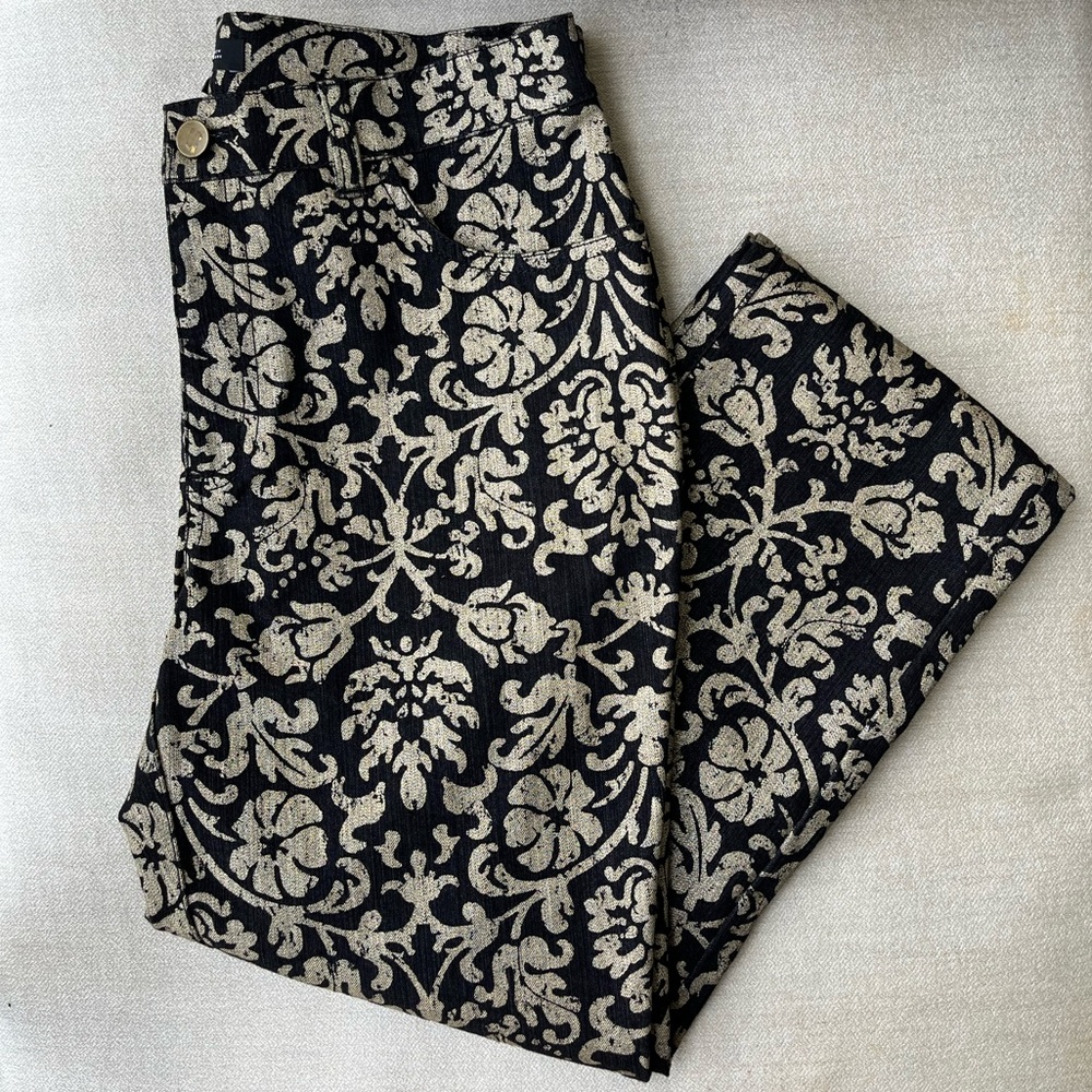 Lafayette 148 New York Black & Gold Metallic Baroque Print Jeans Size 6